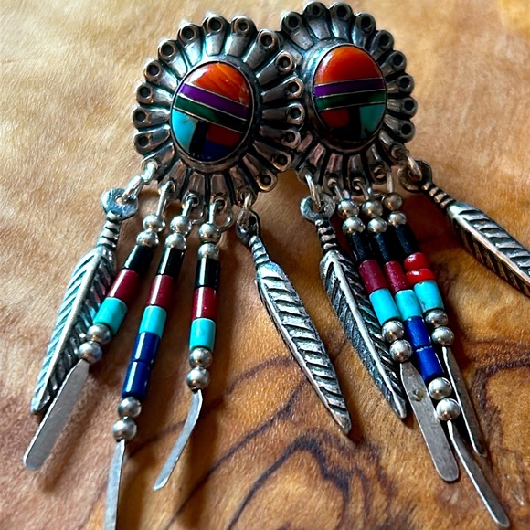 925 Colorful Concho Earrings With Stone Inlay and Dangles - Picture 2 of 6